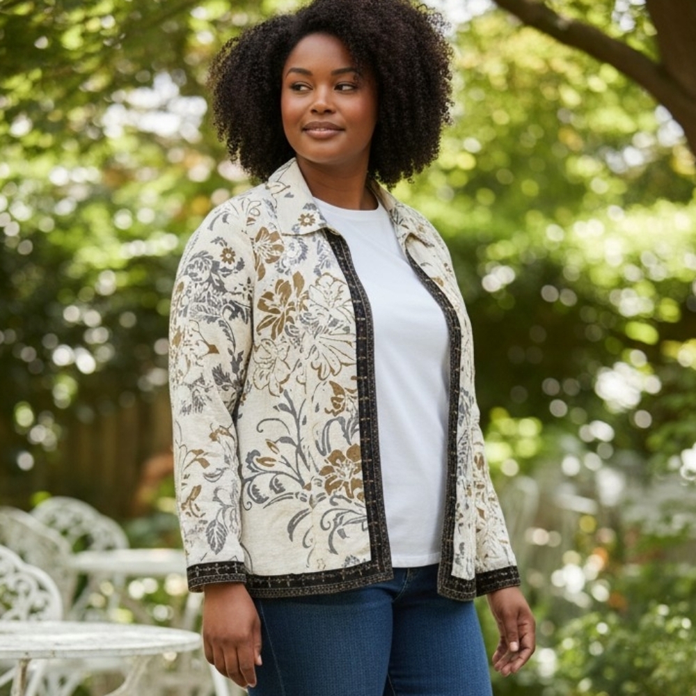 COLDWATER CREEK | Linen Blend Boho Minimalist Metallic Accent Floral Jacket | 1X